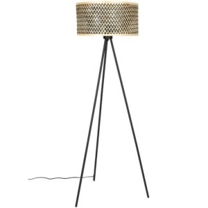 White Label Černá kovová stojací lampa WLL Isla 146 cm s bambusovým stínidlem